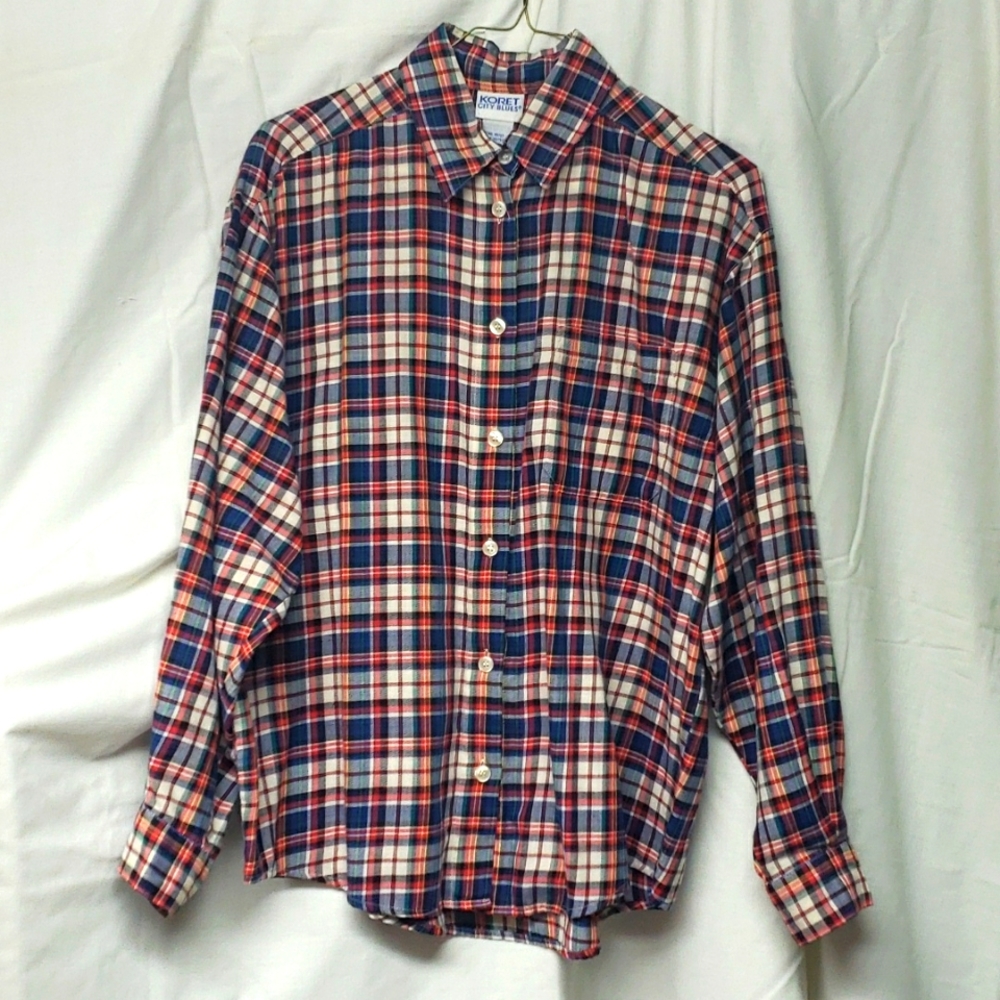 Tartan Plaid Flannel Button Down Collar Long Sleeve Shirt Womens Sz M